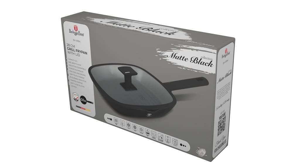 Matt fekete indukciós tapadásmentes grill serpenyő fedővel 28 cm Berlinger Haus Matte Black