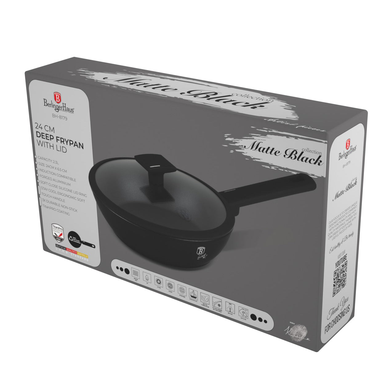 Matt fekete indukciós tapadásmentes mély serpenyő fedővel 24 cm Berlinger Haus Matte Black