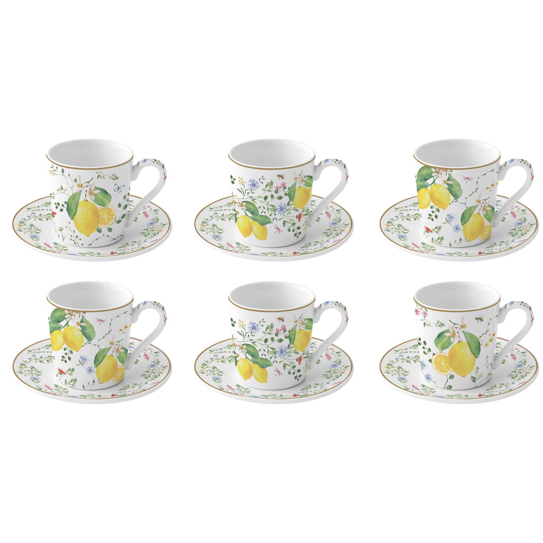 Bögre, csésze alj Mediterrán porcelán citrom mintás kávés csésze 6 személyes szett Fleurs et Citrons
