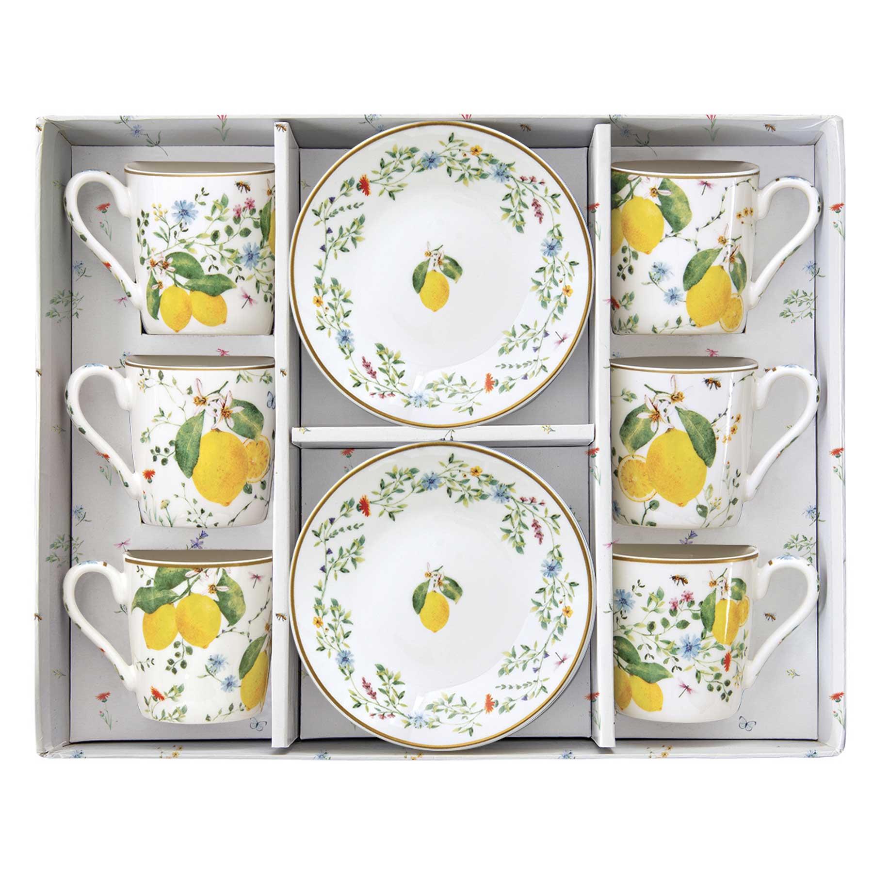 Bögre, csésze alj Mediterrán porcelán citrom mintás kávés csésze 6 személyes szett Fleurs et Citrons