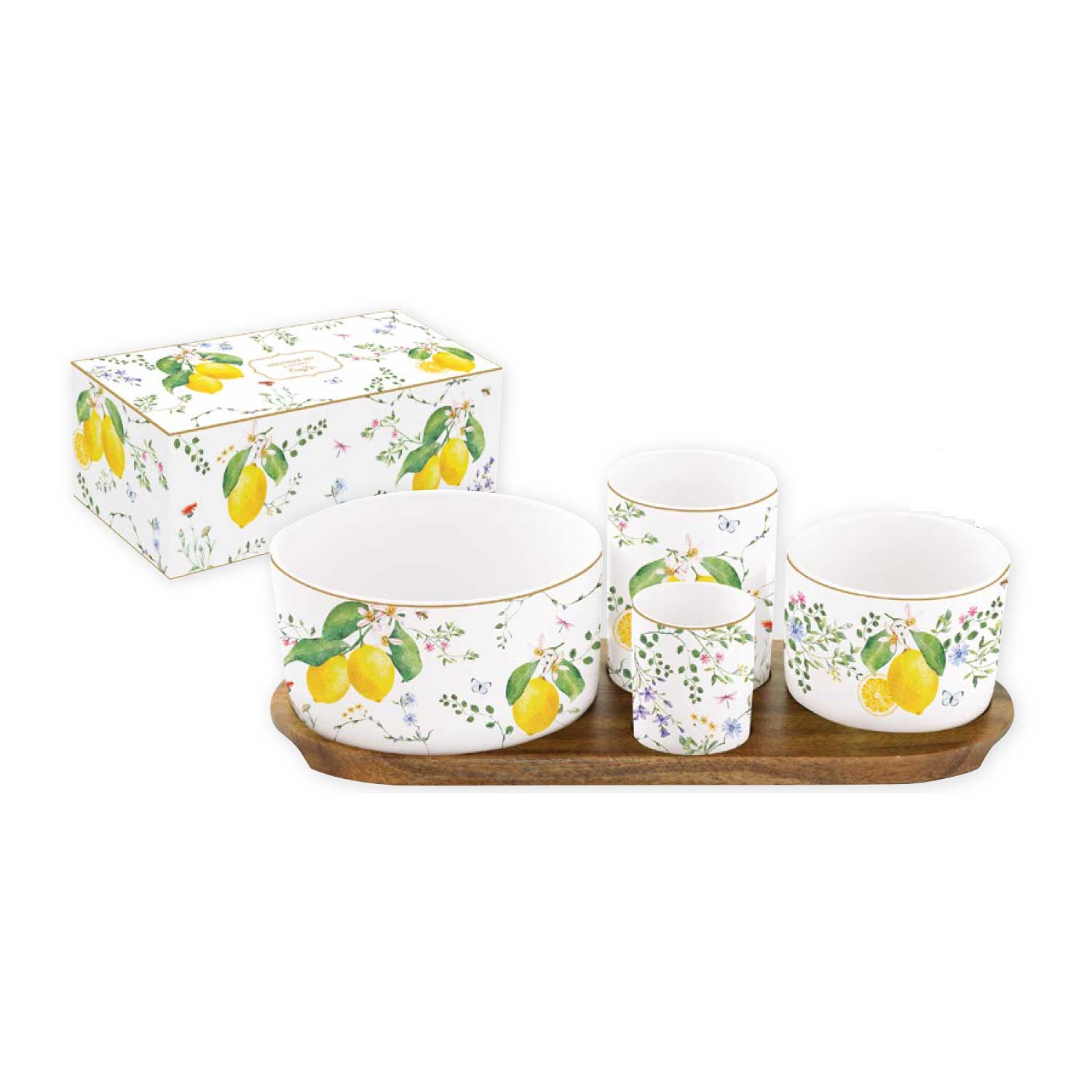 Tálca Mediterrán porcelán citrom mintás kínálótál 4 db-os szett bambusztálcán Fleurs et Citrons