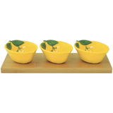 Tálka Mediterrán porcelán sárga citrom tálkaszett 3db-os bambusztálcán Fleurs et Citrons