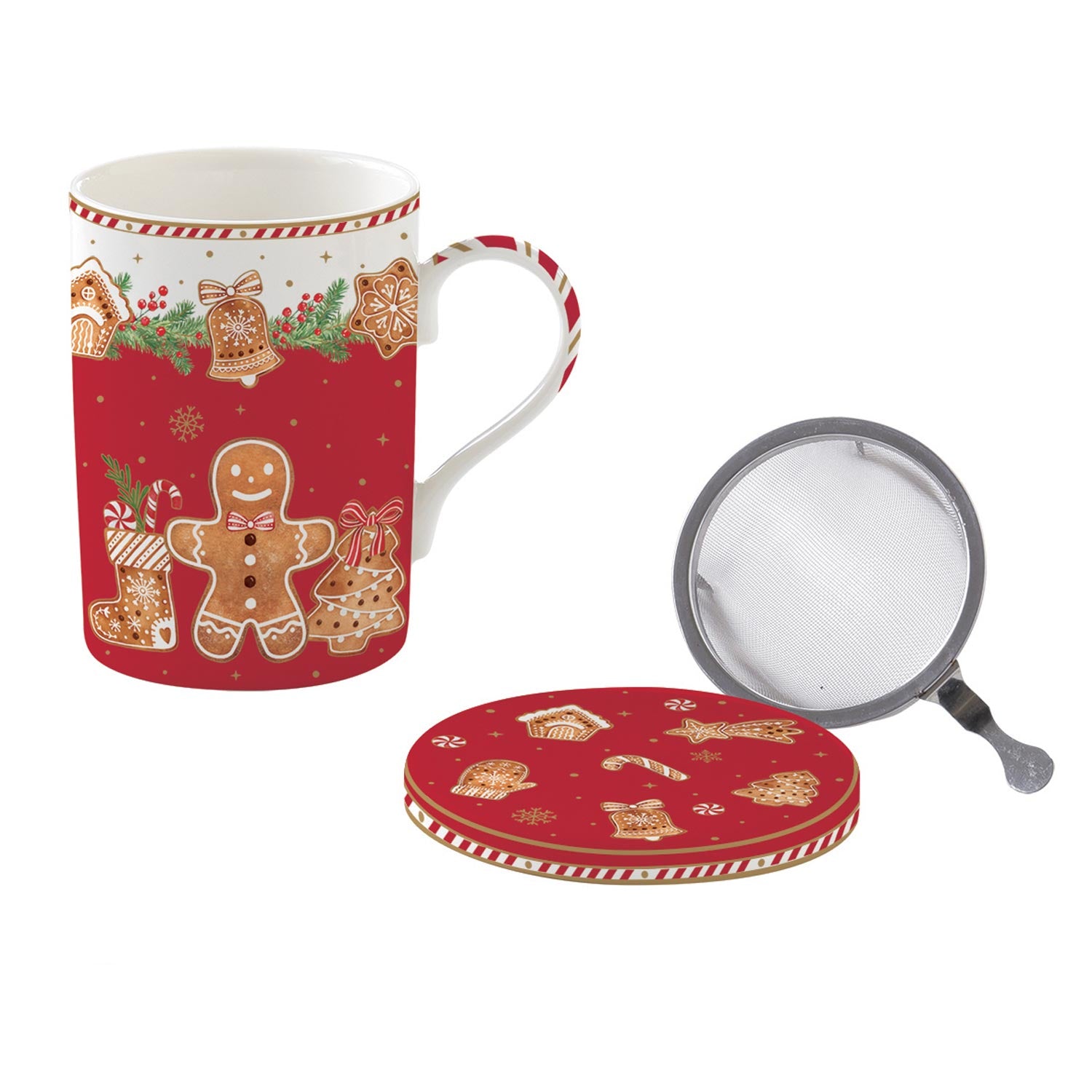 Tányér, étkészlet Mézeskalács karácsonyi Porcelán szűrős bögre díszdobozban
