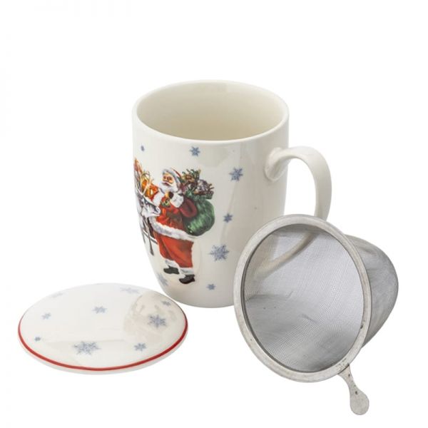 Karácsonyi teás bögre télapós porcelán fémszűrővel - 340 ml