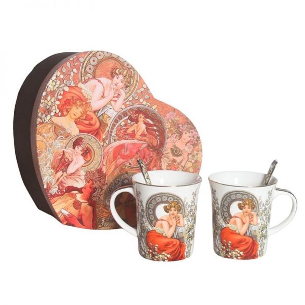 Porcelán Mucha bögre szett kanállal - 2 személyes - szív dobozos - Topáz