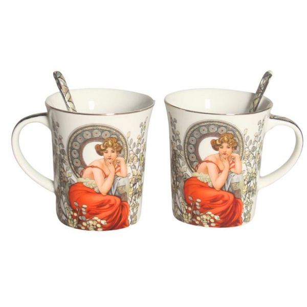 Porcelán Mucha bögre szett kanállal - 2 személyes - szív dobozos - Topáz