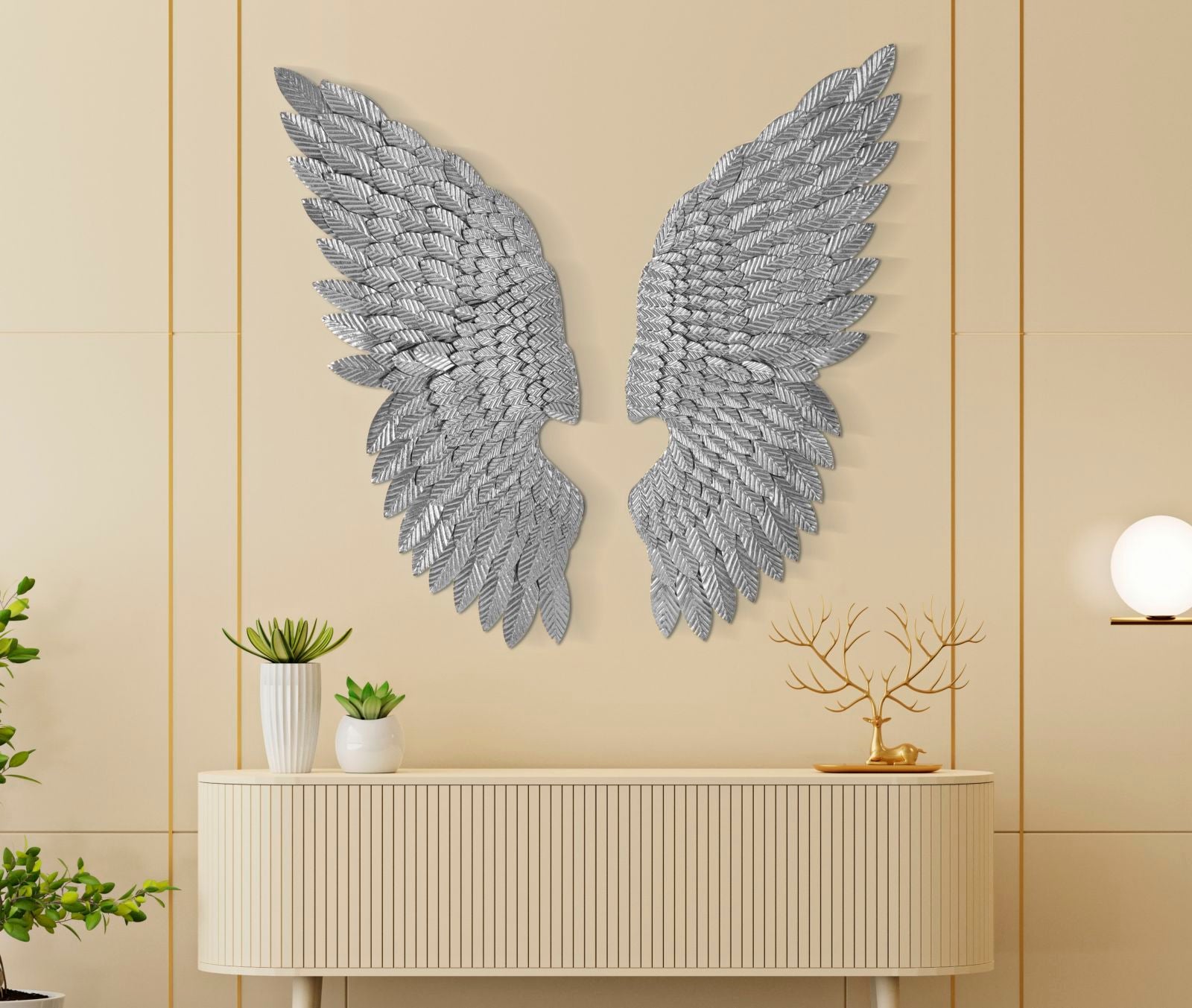 Nagyméretű angyalszárny ezüst színű fali dekoráció 37,5 × 3 × 100 cm