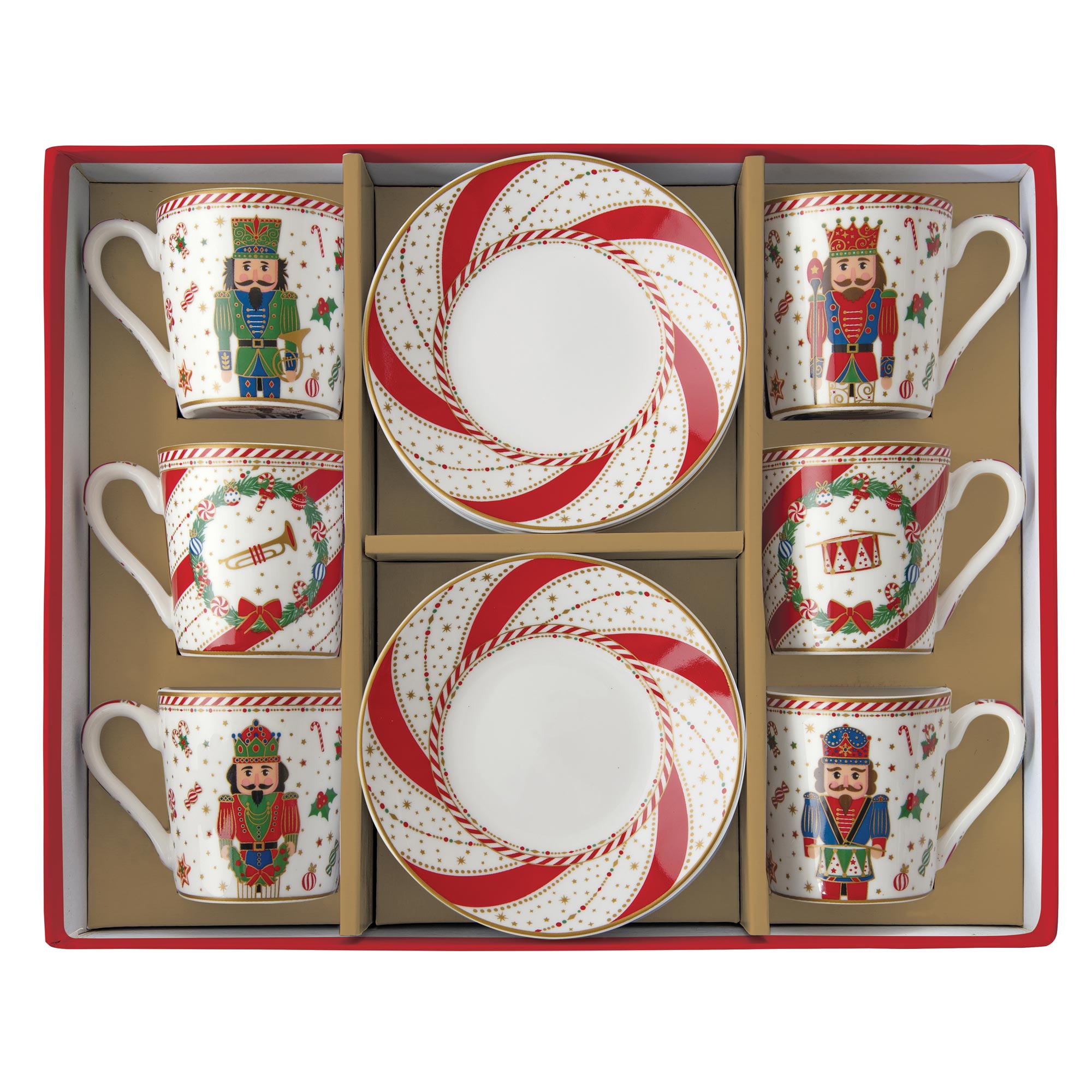 Bögre, csésze Nutcracker Twist karácsonyi porcelán 6 személyes kávés csésze szett díszdobozban