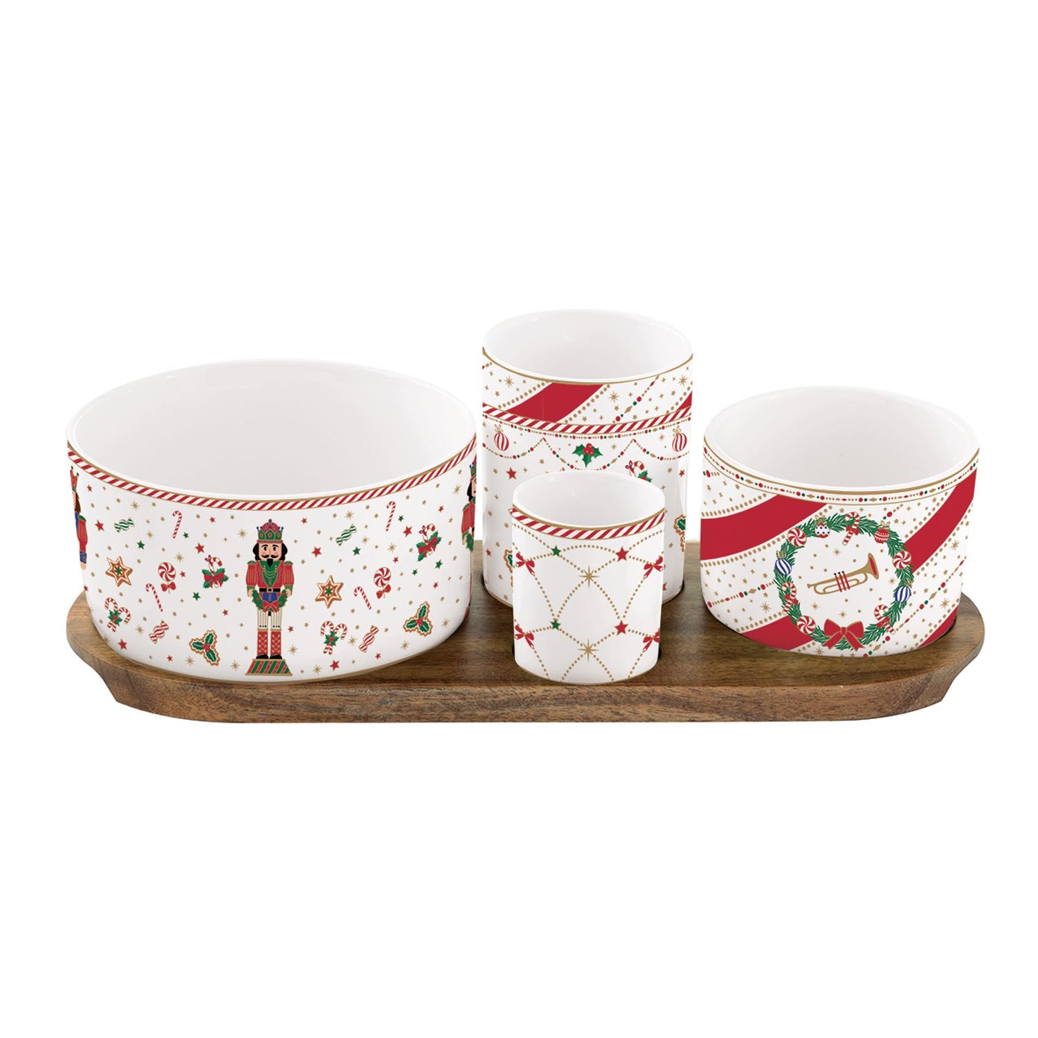 Tálka Nutcracker Twist karácsonyi porcelán tálka szett akácfa tálcán
