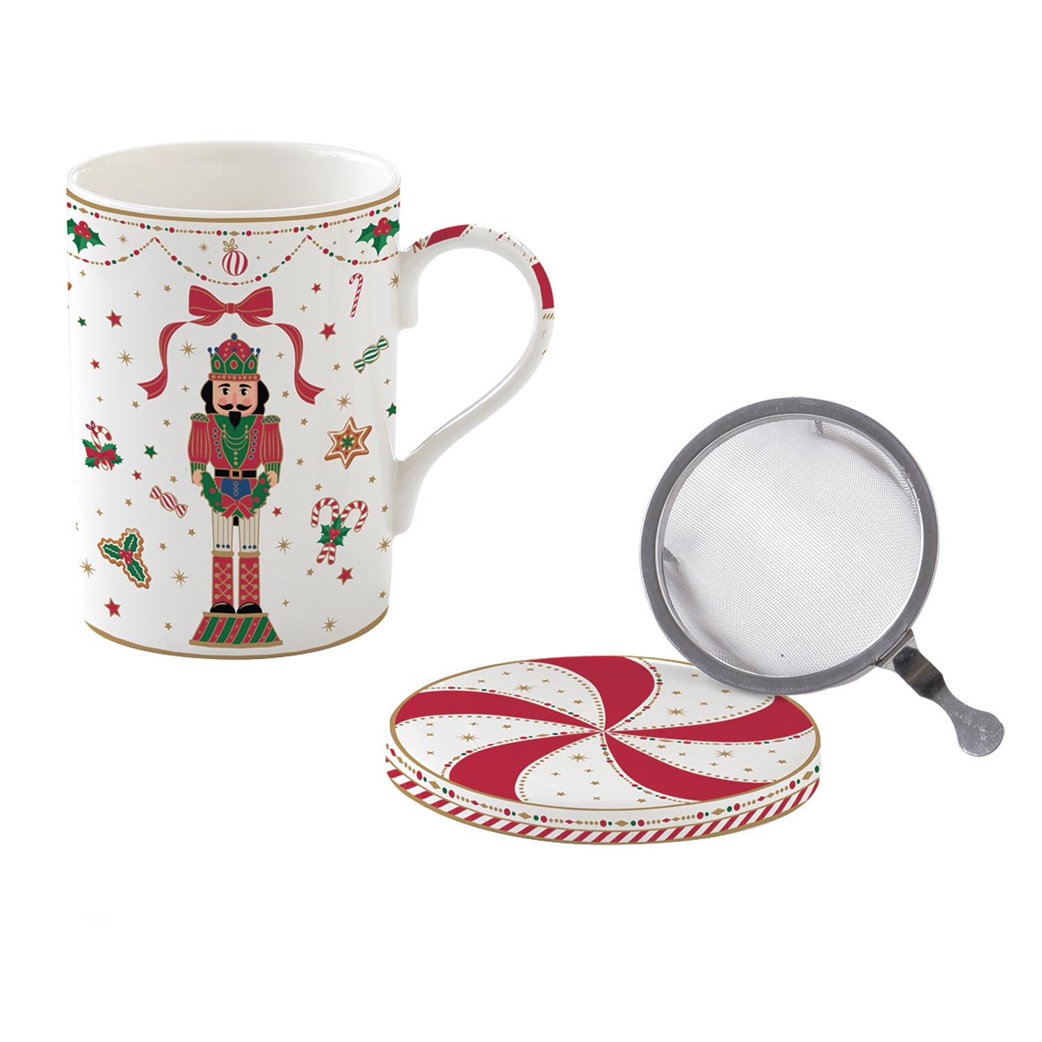 Bögre, csésze Nutcracker Twist karácsonyi porcelán teás bögre szűrővel díszdobozban