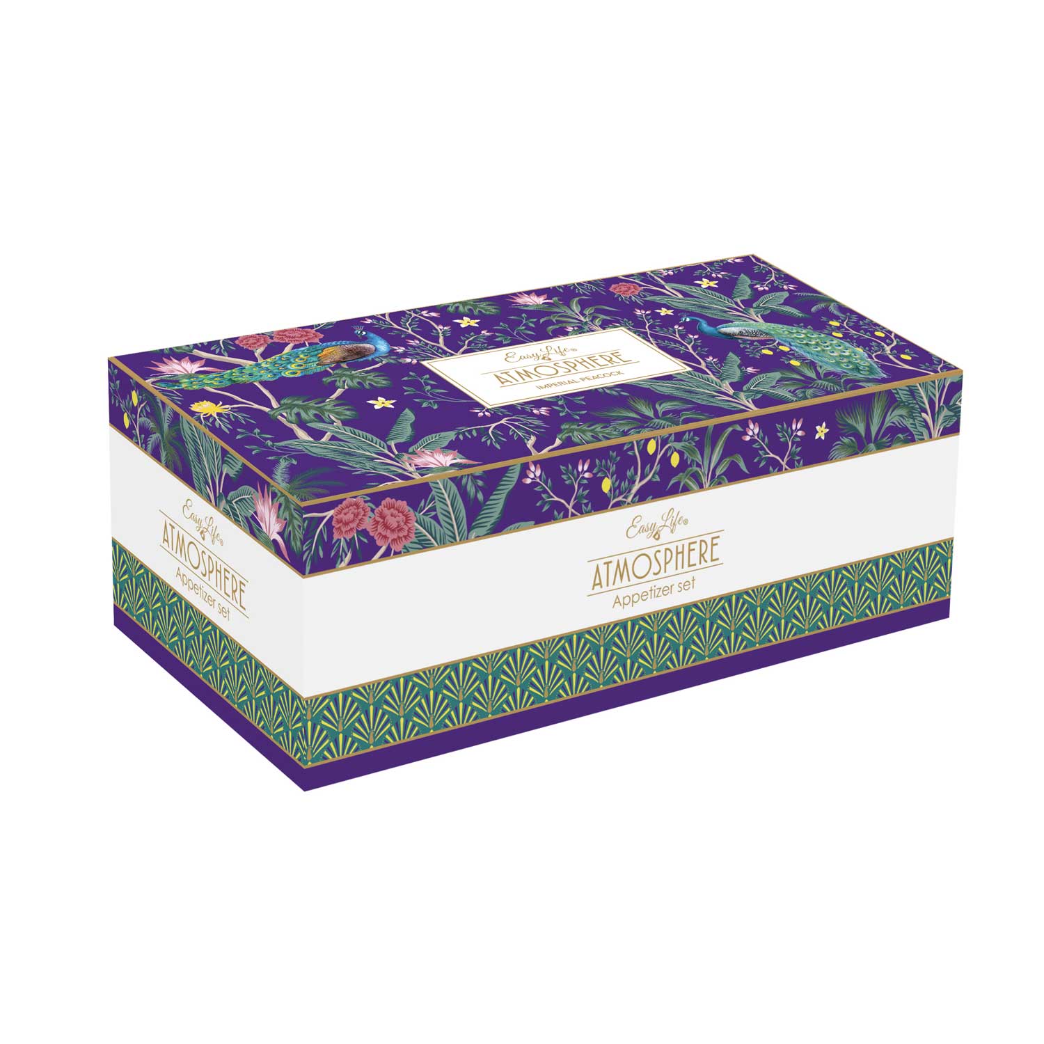 Tálka Páva mintás porcelán kínálótál tálka 4 db-os szett bambusztálcán Imperial Peacock Coffee Mania