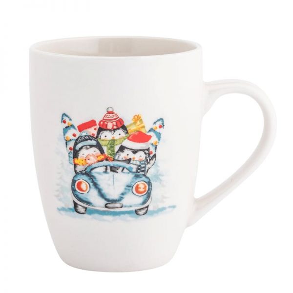 Karácsonyi porcelán bögre 340 ml pingvinek autóban