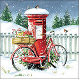 Szalvéta Piros postaláda biciklivel karácsonyi három rétegű papírszalvéta 33x33 cm 20 db