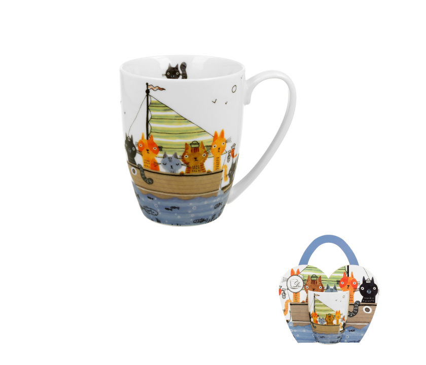 Bögre, csésze Porcelán cicás bögre 350 ml Cicák vitorlás hajón