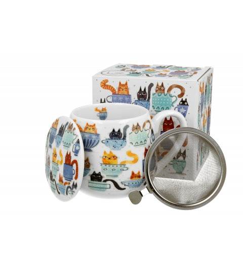 Bögre, csésze Porcelán cicás teás bögre szűrőveldíszdobozban Macskák a csészékben