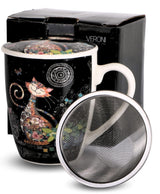 Bögre Porcelán cicás teás bögre szűrővel fekete alapon