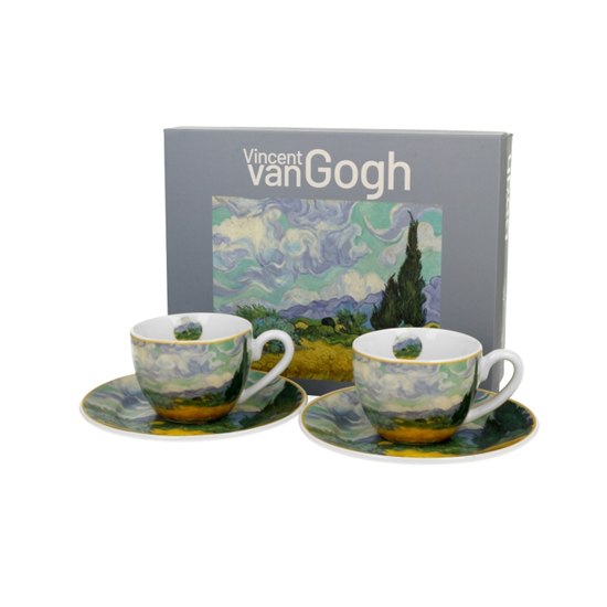 Porcelán eszpresszó kévés csésze aljjal két személyes szett díszdobozban Van Gogh Búzamező