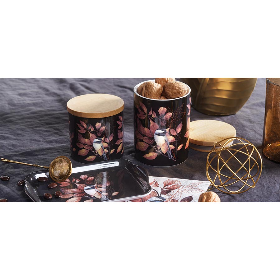 Konyhai tároló Porcelán konyhai tároló edény bambusz tetővel szilikon zárógyűrűvel Cinege Lovely chickadee