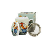 Bögre, csésze Porcelán teás bögre szűrővel díszdobozban Kutya robogón