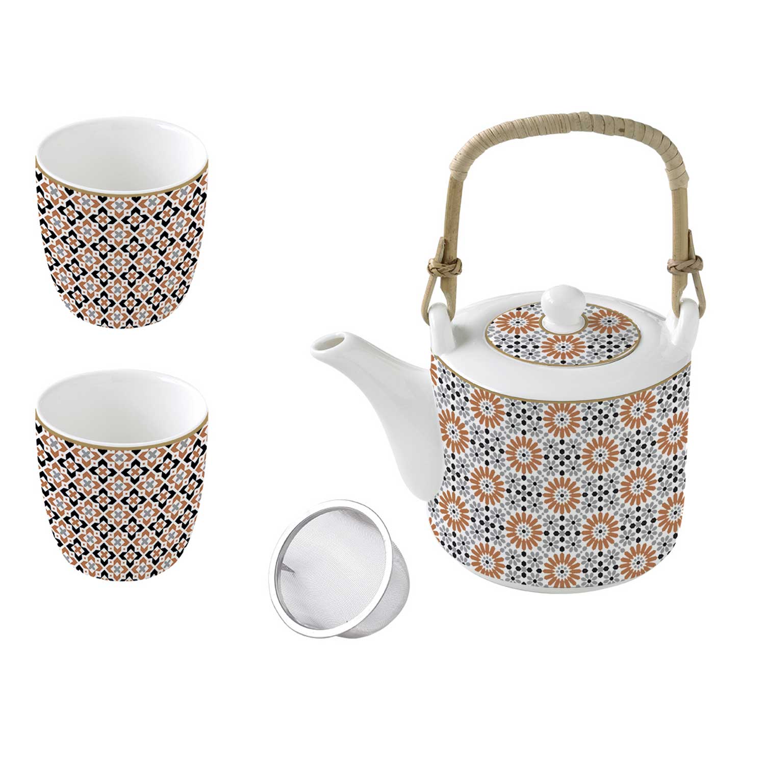 Bögre, csésze Porcelán teáskanna szűrővel két pohárral Geoethnic