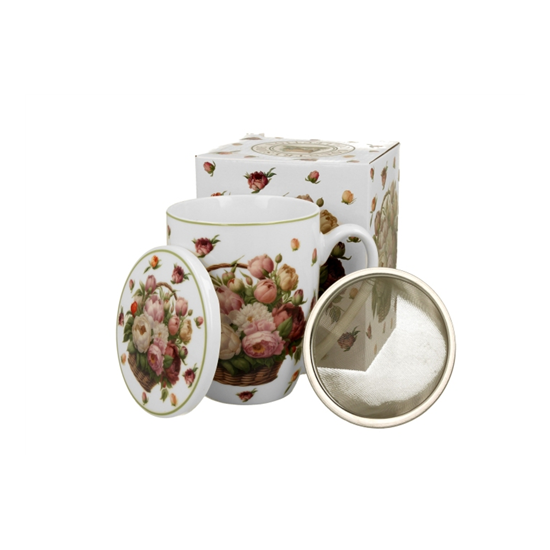 Bögre Pünkösdi rózsa mintás porcelán teás bögre szűrővel díszdobozban