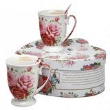 Rózsás porcelán bögre szett kanállal 300 ml - 2 személyes - szív dobozos