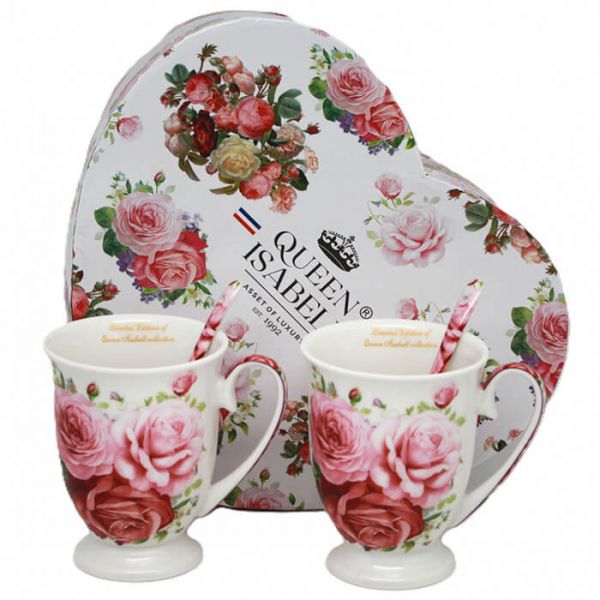 Rózsás porcelán bögre szett kanállal 300 ml - 2 személyes - szív dobozos