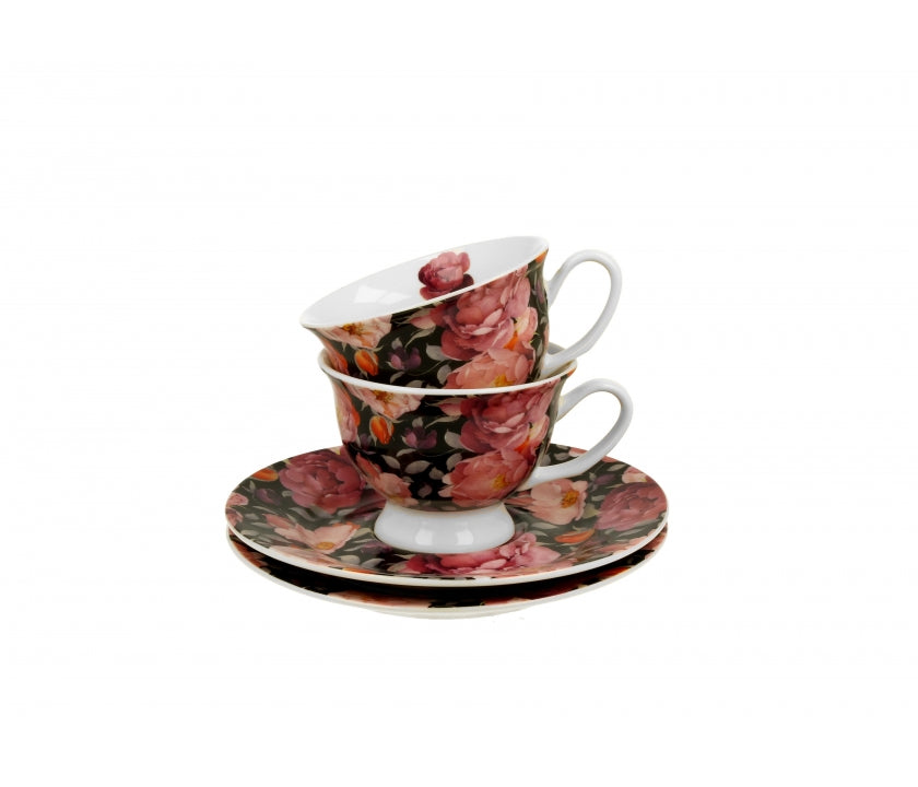 Bögre, csésze Rózsás porcelán kávés csésze aljjal két személyes szett Spring Roses Black