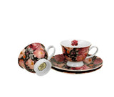 Bögre, csésze Rózsás porcelán kávés csésze aljjal két személyes szett Spring Roses Black