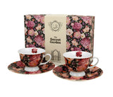 Bögre, csésze Rózsás porcelán kávés csésze aljjal két személyes szett Spring Roses Black