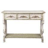 Vintage konzolasztal 3 fiókkal, fehér–zöld – 129 × 36 × 99 cm erős antikolással