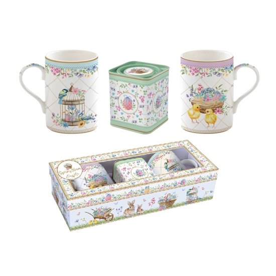 Spring Bloom húsvéti porcelán bögre 350 ml 2 db szett fémdobozzal papír díszdobozban