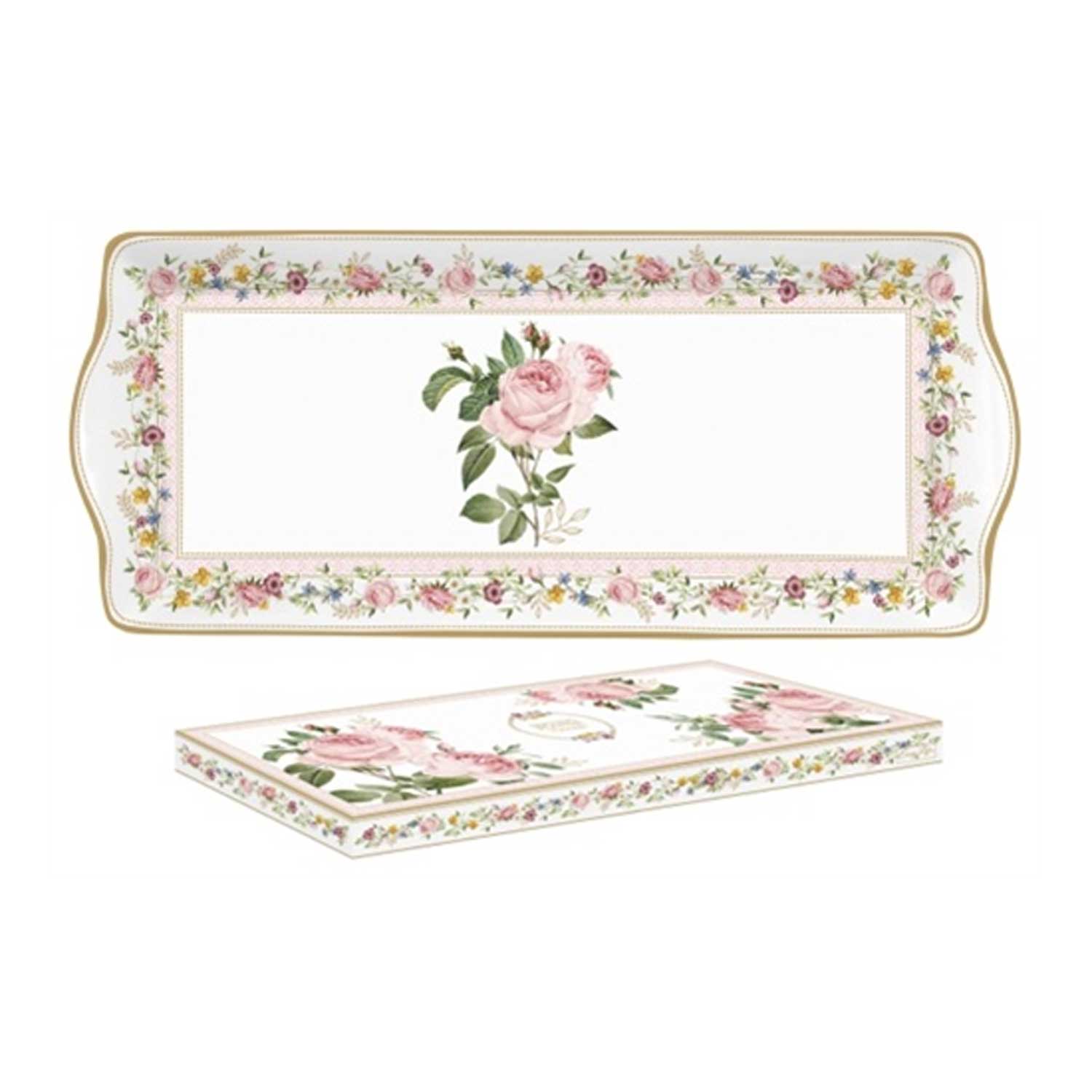 Porcelán kínáló tálca 35x15 cm díszdobozban – Rózsa mintás Chant des Roses