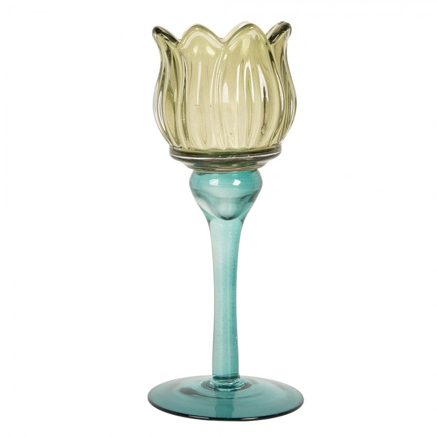 Üveg mécsestartó tulipán kehely alakú 7x19 cm kék zöld