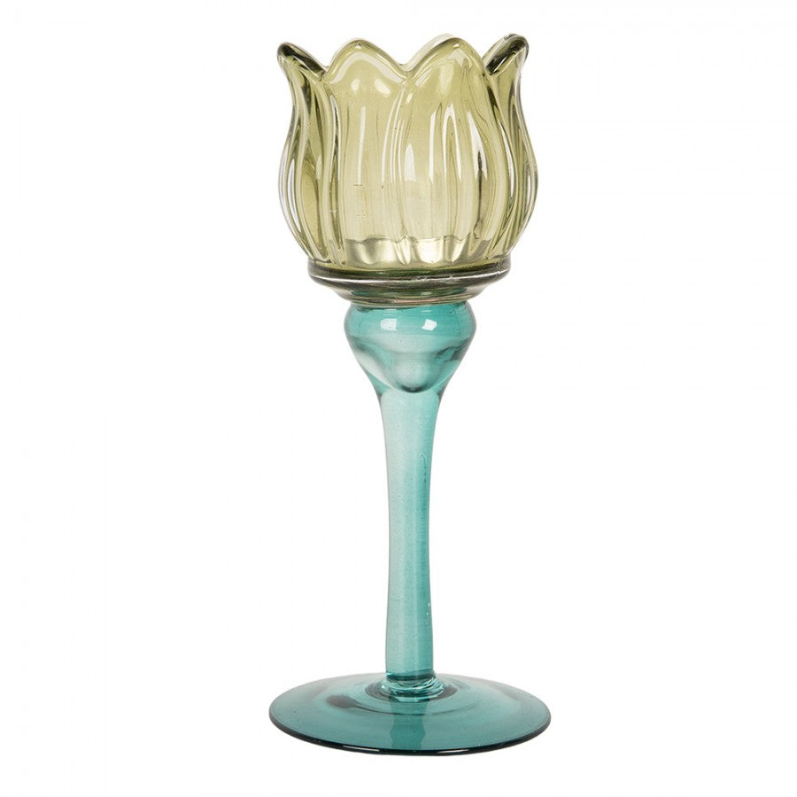Üveg mécsestartó tulipán kehely alakú 7x19 cm kék zöld