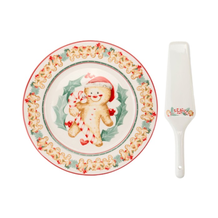 Karácsonyi porcelán tortatál lapáttal 26 cm mézeskalács baba