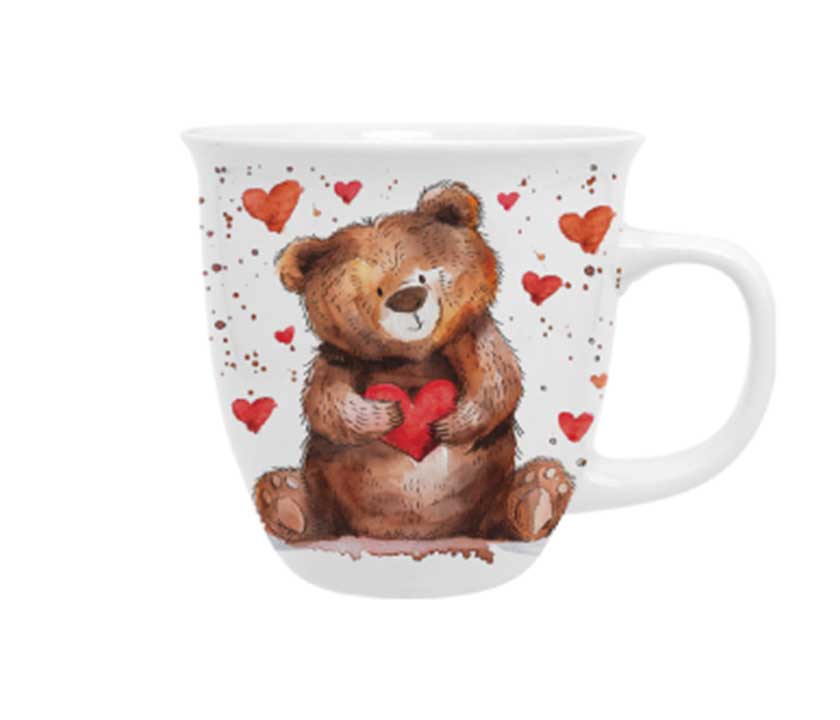 Bögre, csésze Valentin napi porcelán bögre maci piros szívvel ablakos díszdobozban 650 ml