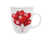 Bögre, csésze Valentin napi porcelán bögre piros szív lufik ablakos díszdobozban 650 ml