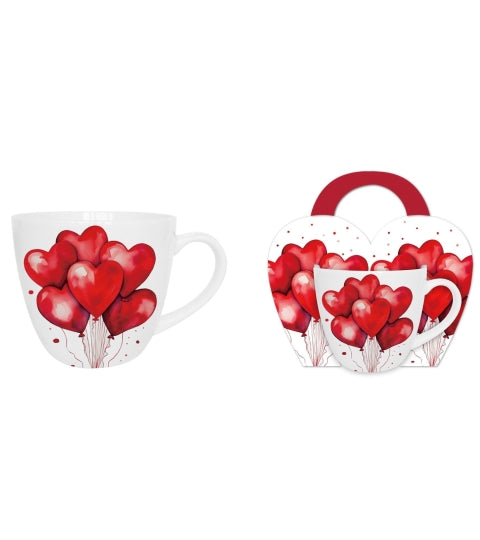 Bögre, csésze Valentin napi porcelán bögre piros szíves lufik