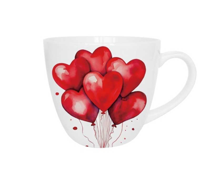 Bögre, csésze Valentin napi porcelán bögre piros szíves lufik