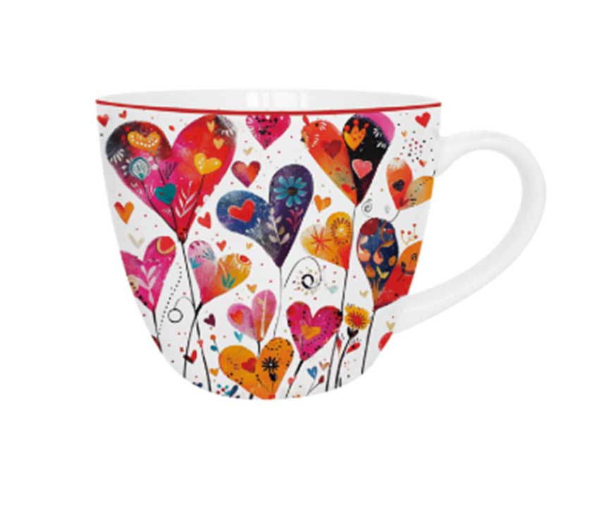 Bögre, csésze Valentin napi porcelán bögre színes szívek
