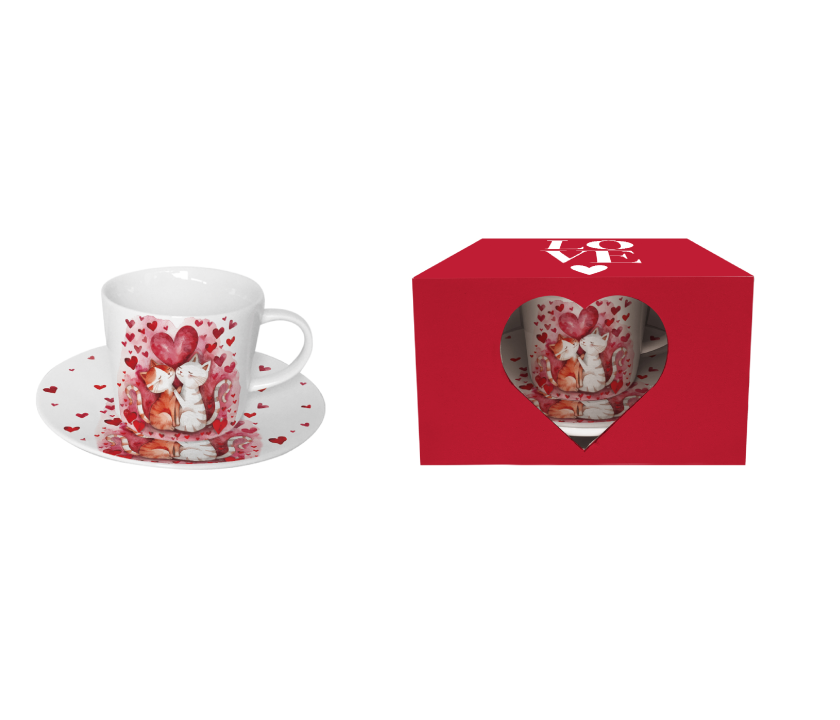 Bögre, csésze Valentin napi porcelán csésze aljjal szerelmes cica páros szívvel ablakos díszdobozban