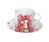 Bögre, csésze Valentin napi porcelán csésze aljjal szerelmes cica páros szívvel ablakos díszdobozban
