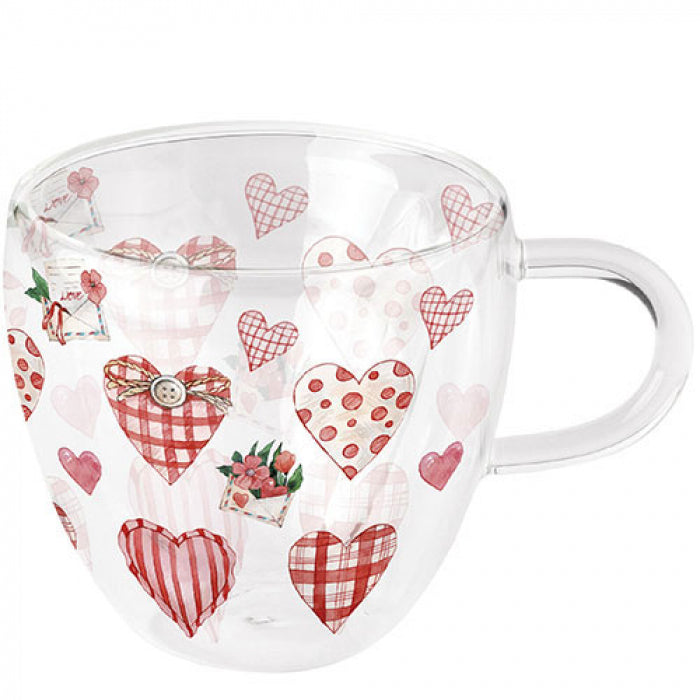 Bögre Valentin napi szíves duplafalú borosilicate üveg csésze Lovely Hearts