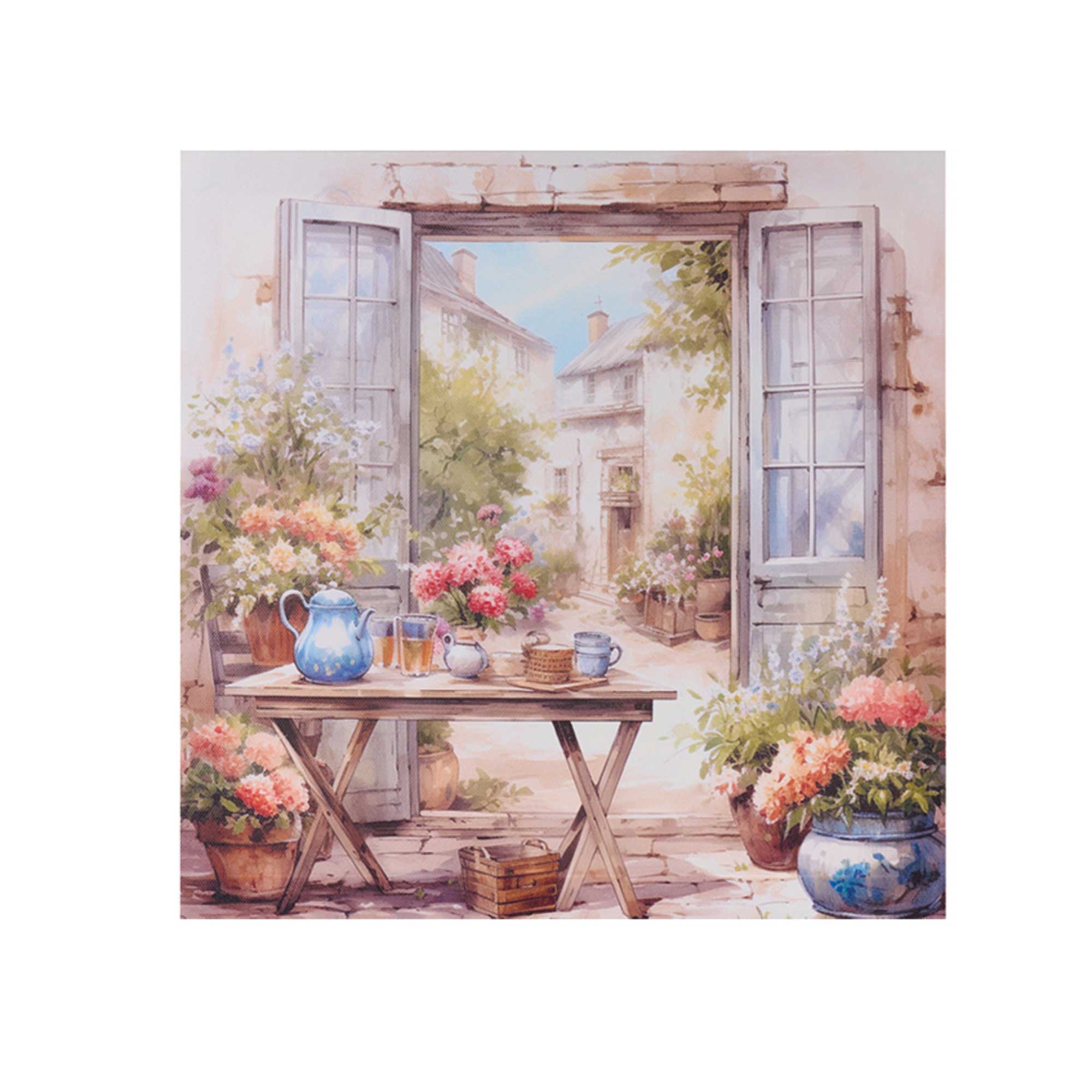Vászon falikép virágos hortenziával asztallal 30x30x2,5 cm Provence stílus