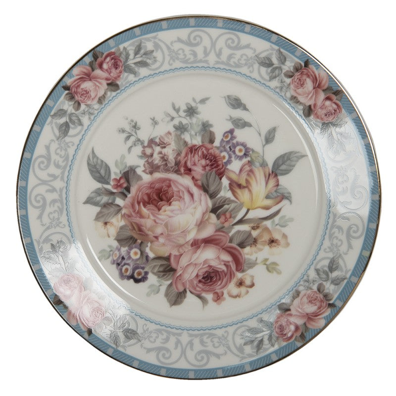 Tányér, étkészlet Vintage fehér rózsaszín virágos porcelán desszertes tányér Ø 21 CM