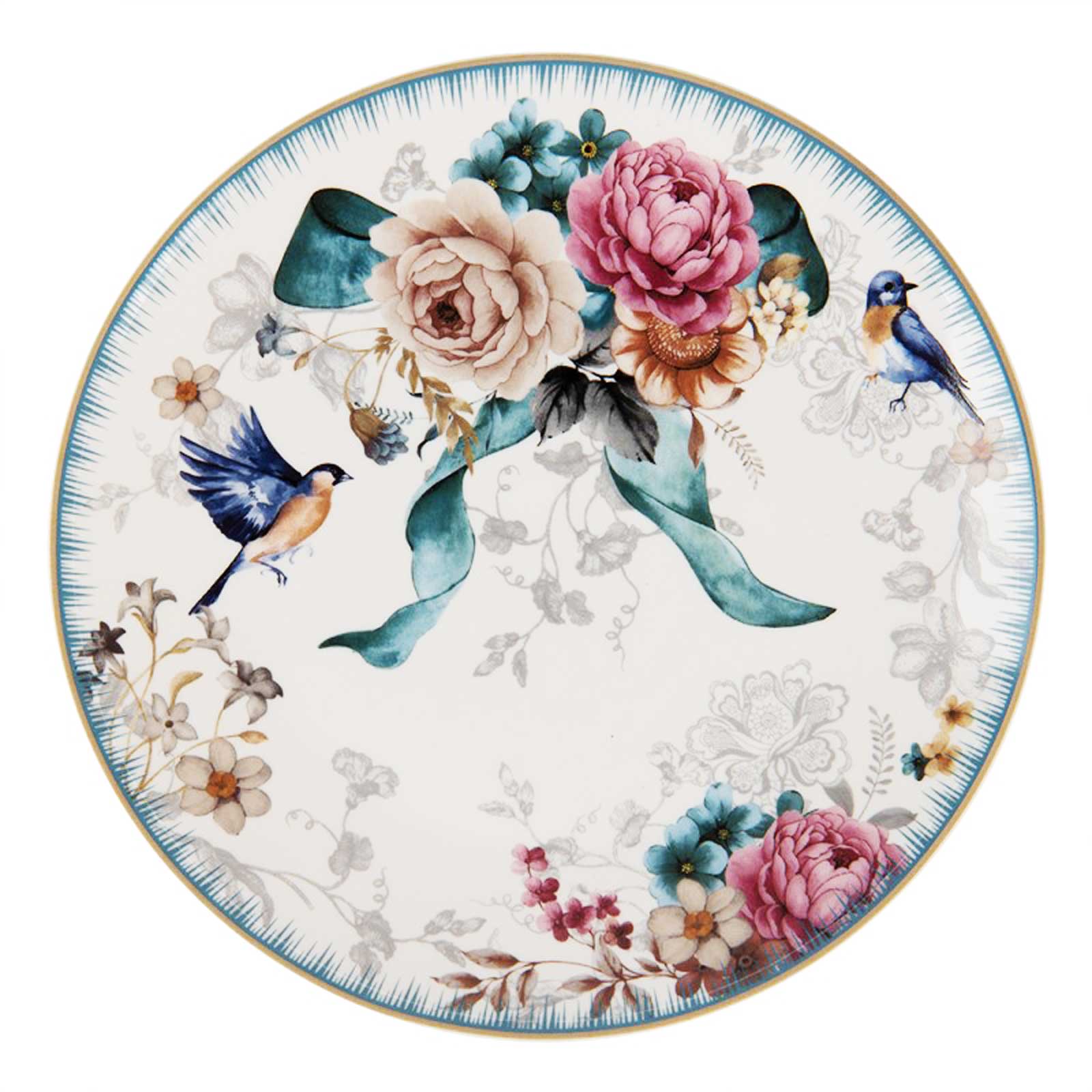 Tányér, étkészlet Vintage fehér virágos madárkás porcelán desszertes tányér Ø 20 CM