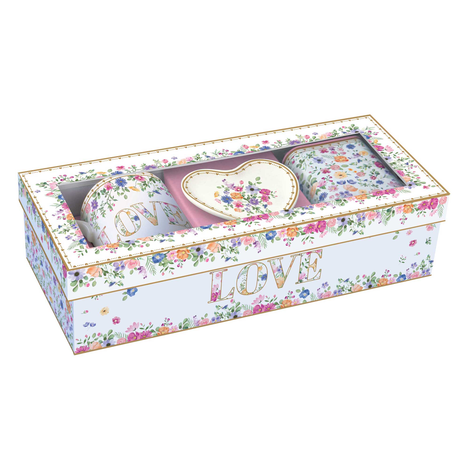 Virág mintás porcelán bögre fém dobozzal és teafiltertartóval szett díszdobozban Easy Life Mon Amour