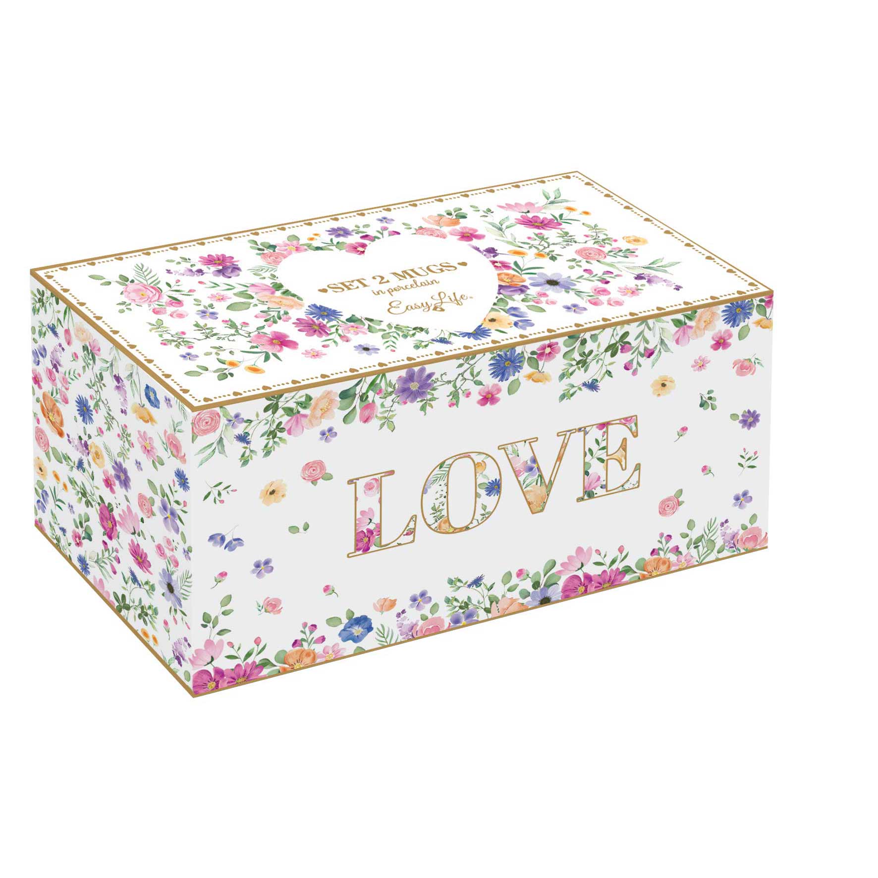 Virág mintás porcelán bögre szett 2 db-os 320 ml díszdobozban Easy Life Mon Amour