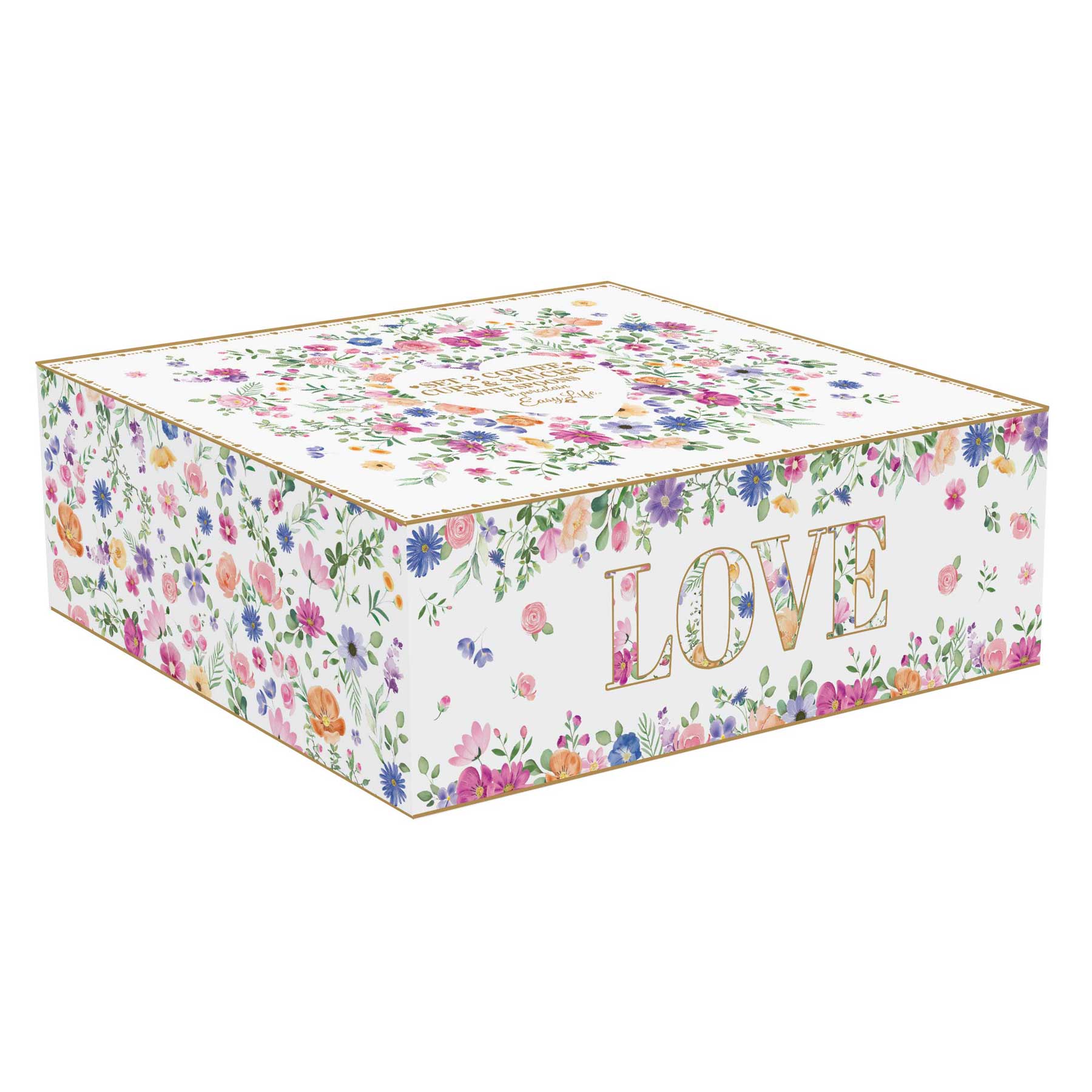 Virág mintás porcelán eszpresszó kávés csésze aljjal 2 személyes kanállal díszdobozban Easy Life Mon Amour